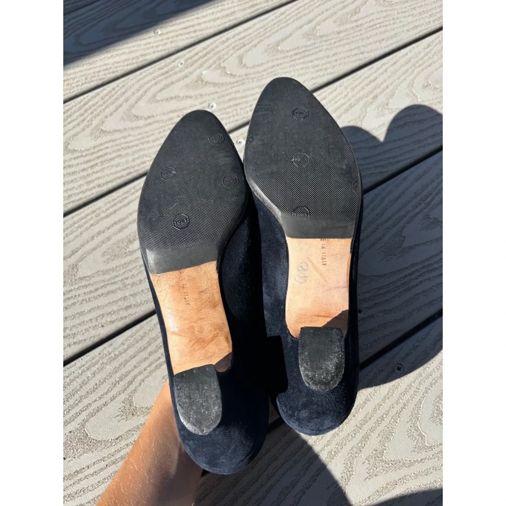 Salvatore Ferragamo Navy Suede Low Heel Pumps with Gold Accent